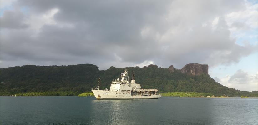 Royal Australian Navy hydrographic ship HMAS Melville berthing alongside Pohnpei, Micronesia.