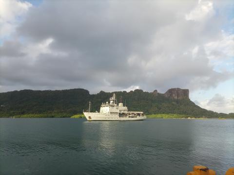 Royal Australian Navy hydrographic ship HMAS Melville berthing alongside Pohnpei, Micronesia.