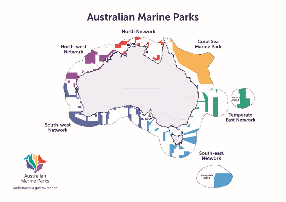 Australian Marine Parks Map outlining all the marine parks in Australia