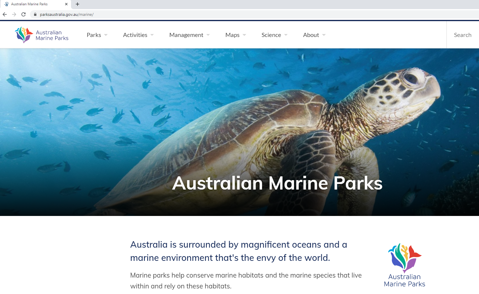Australian Marine Parks webiste Homescreen for the Australian Marine Parks website