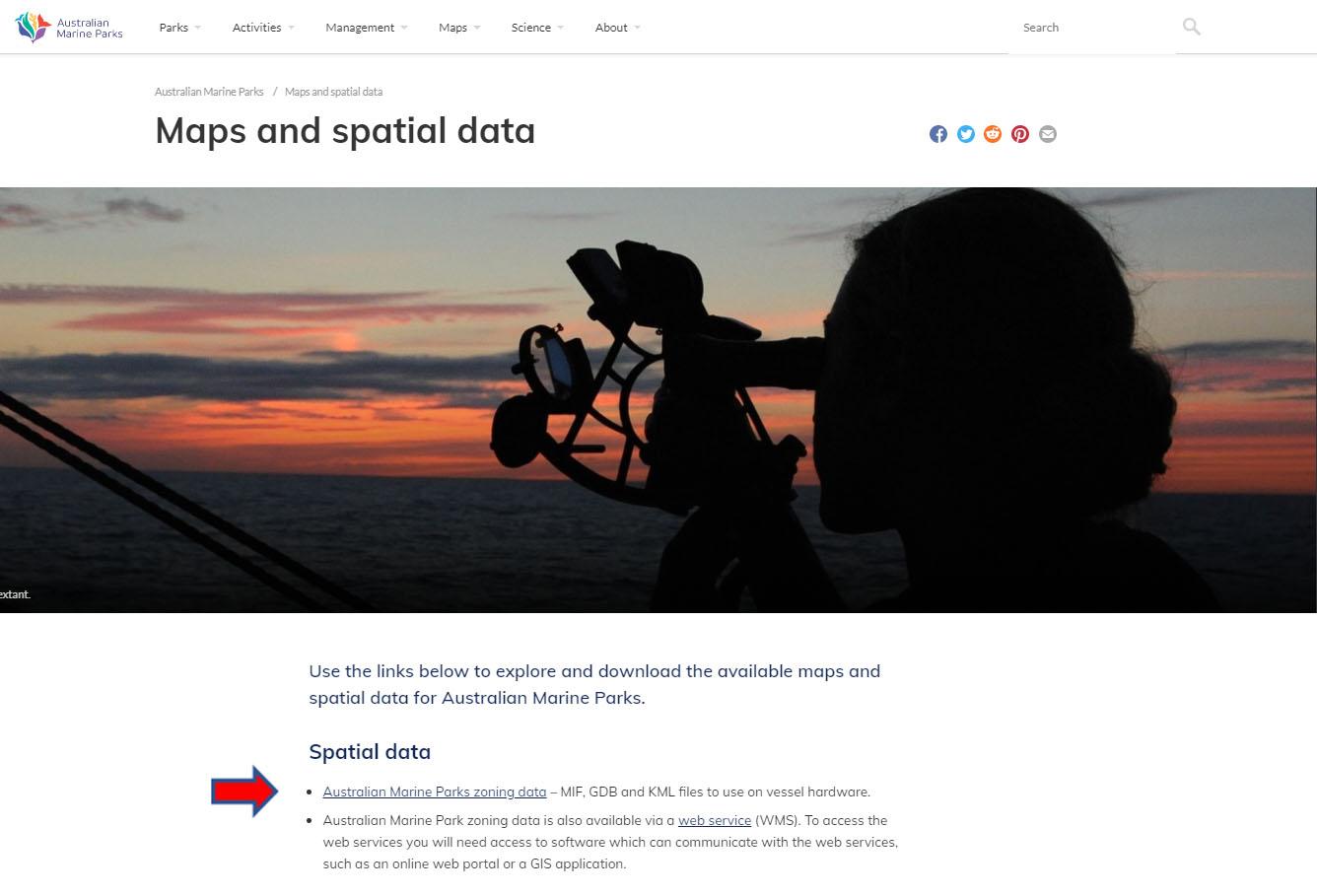 Australian Marine Parks - Maps and spatial data Screenshot of the Australian Marine Parks maps and spatial data page